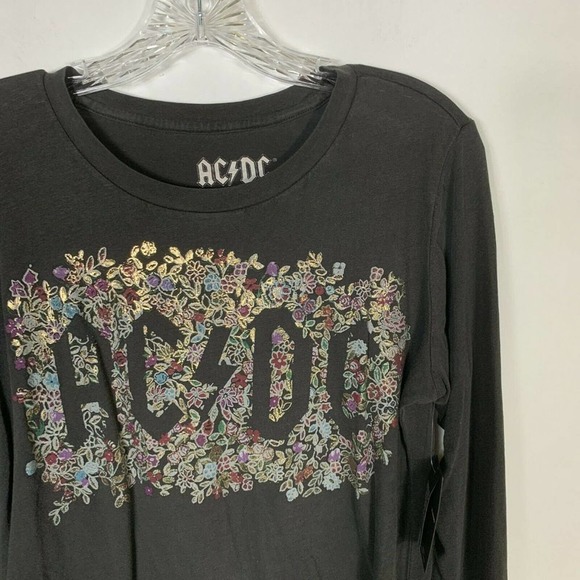 Lucky Brand M Acdc Floral Tee Long Sleeve Black Gray Gold Metallic Tshirt Top - Picture 5 of 7